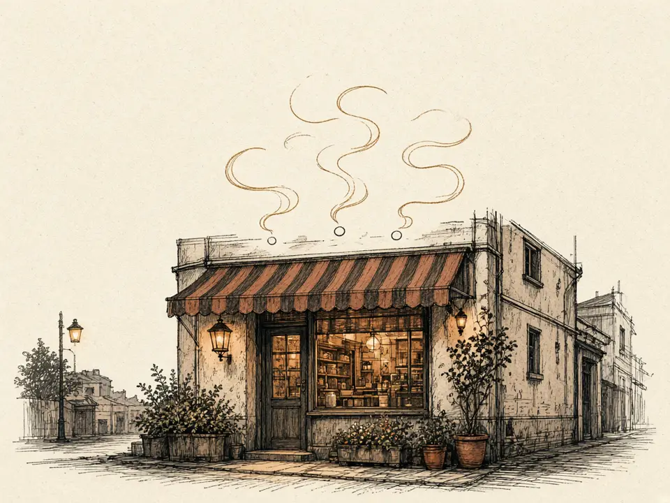 Illustration of a shop with speech ribbons above the awning, no text.