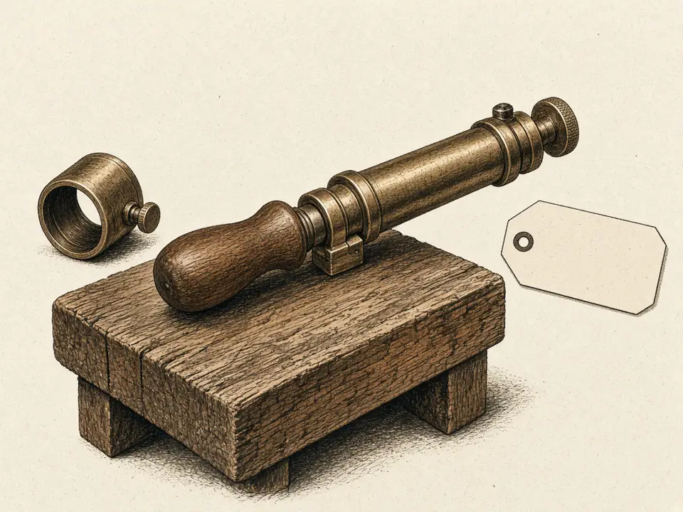 Illustration of a workbench with a brass tool, no text.