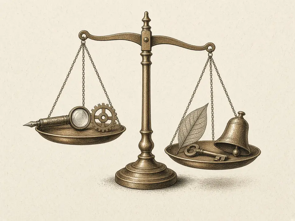 Illustration of a brass scale with different objects on each pan, no text.