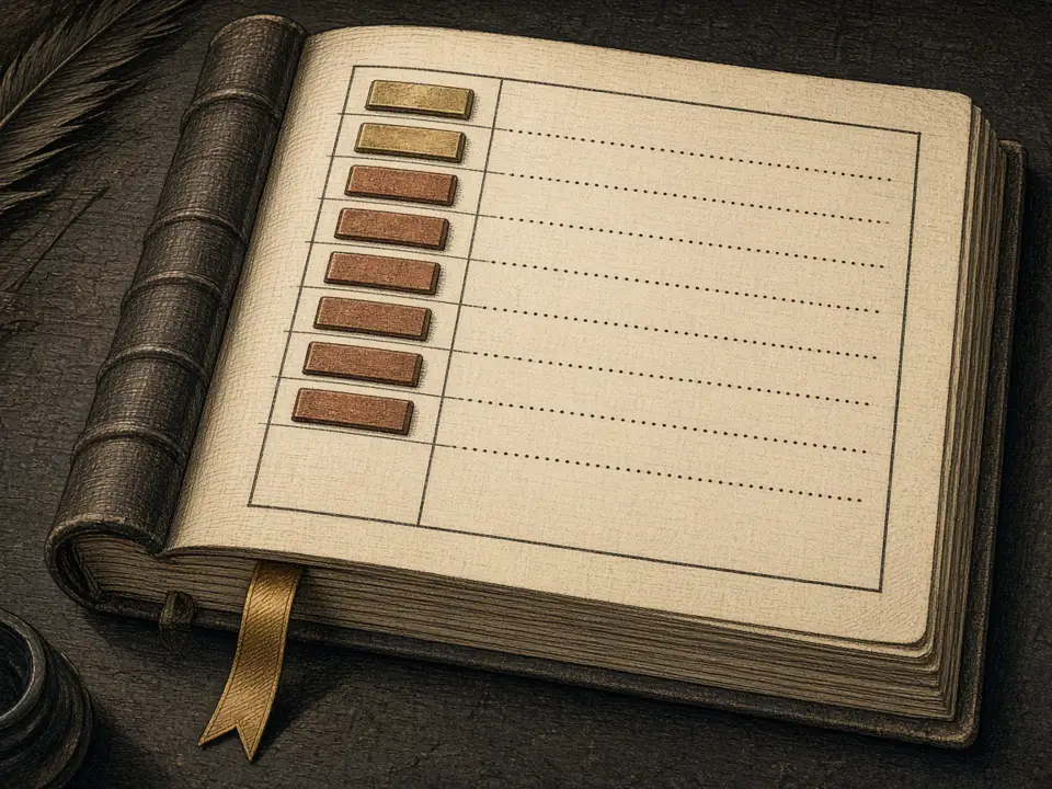 Illustration of a ledger with filled rows and empty rows, no numbers.