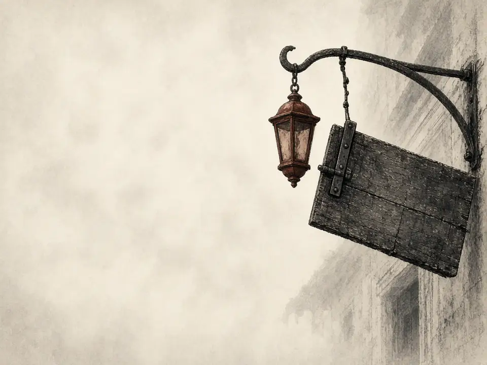 Illustration of a dark shop sign and an unlit brass lantern, no text.