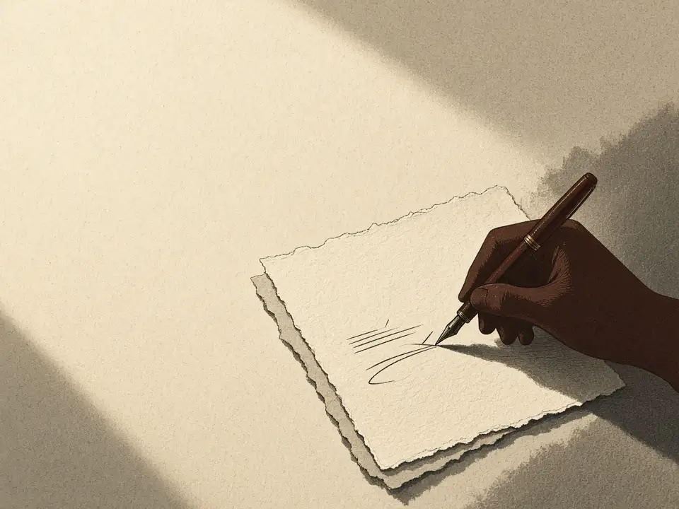 Illustration of a desk with a note and a brass pen, no text.