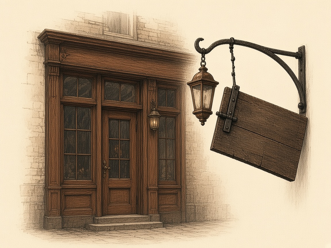 Illustration of a dark shop sign and an unlit brass lantern, no text.